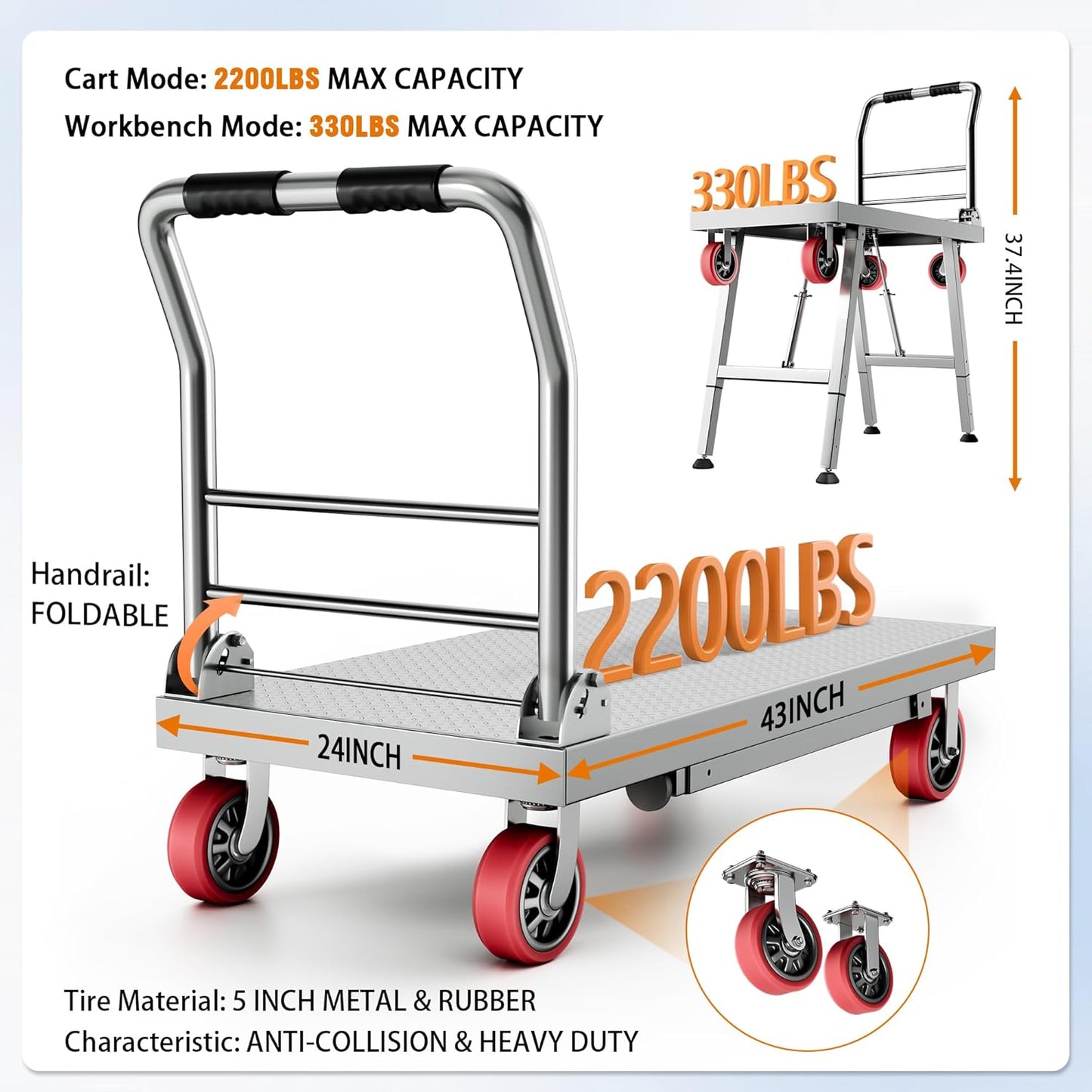 2IN1 43"×24" Foldable Platform Truck, Portable Ladder Platform, Height Adjustable Work Scaffolding, 2200lbs Capacity Heavy Duty Flatbed Bed Cart w/2 Swivel Casters