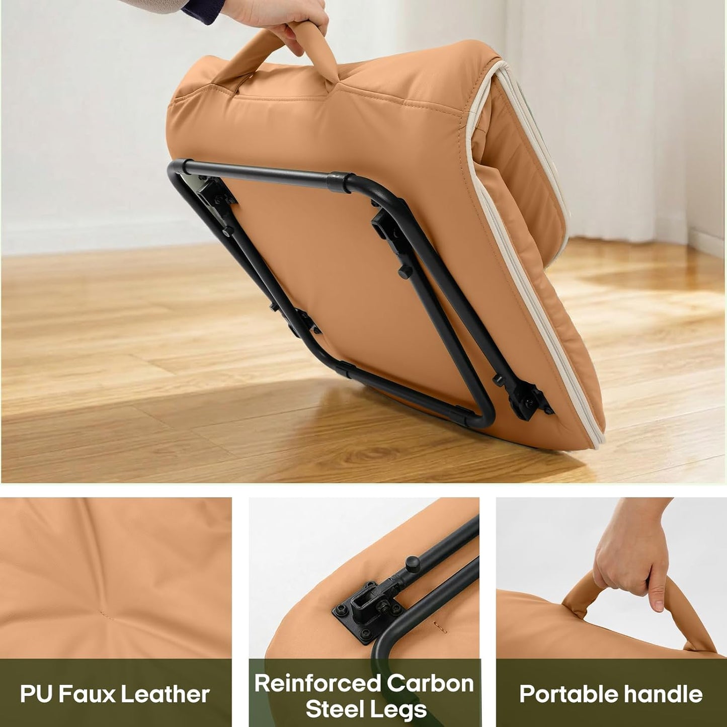 ZonLi Folding Vegan Leather Saucer Moon Chair, Comfy Soft Cozy Papasan Lounge Floor Chair for Adults,for Bedroom, Dorm, Living Room, Gaming Room, Study Corner, Portable Seat,Brown