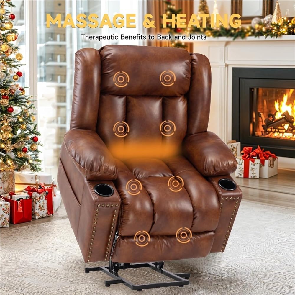 Large Power Lift Recliner Chair with Heated Massage Adjustable 3 Position Overstuffed Sofa Breathable Leather Cup Holder Side Pocket Electric Recliner for Living Room