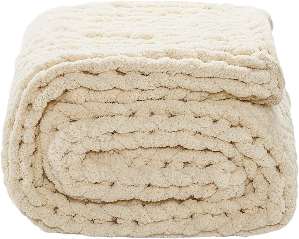 YAAPSU Chunky Knit Throw Blanket for Couch, 51"x63", 100% Hand Knitted Thick Cable Knit with Cozy Jumbo Chenille Yarn, Soft Large Rope Knot Crochet Blankets for Sofa Bed Living Room Décor, Beige