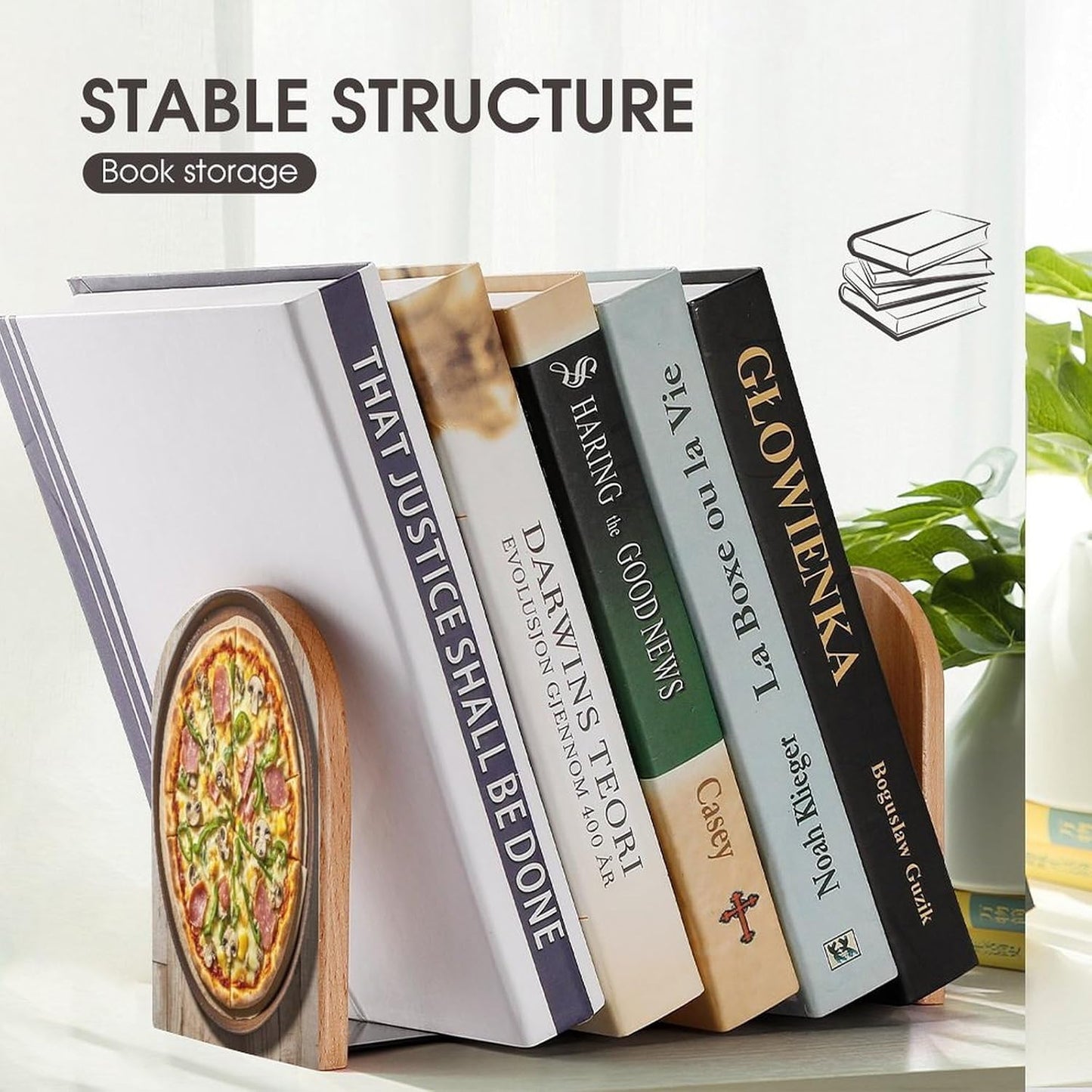 A Full Pizza Bookends 1 Pair Heavy Duty Book Ends for Shelves Non-Skid Bookend Supports Wooden Book Holders with Metal Base Desk Organizers Books Storage to Hold Books