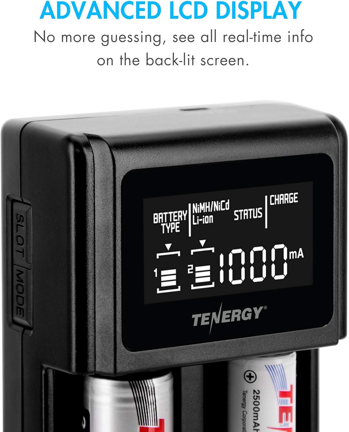 Tenergy TN471U 2-Bay Universal Battery Charger with LCD for Li-ion/NiMH/NiCD Rechargeable Batteries, Micro USB Input, Portable Charger for Batteries Sizes 18650, 16340, 26650, AA, AAA, and More
