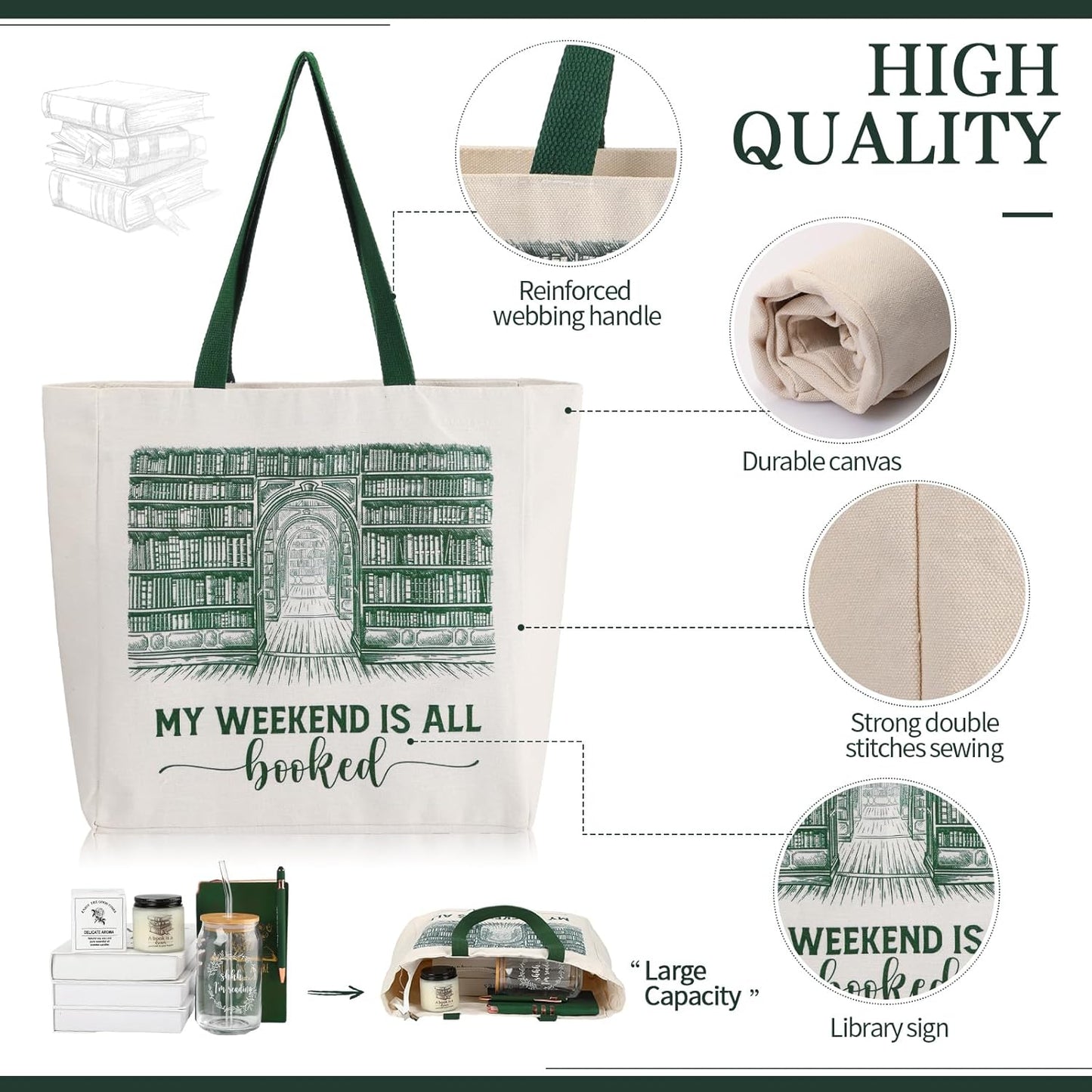 Set of 5 Book Lovers Gifts for Women 16oz Drinking Glass Scented Candle Canvas Tote Bag A6 Journal with Ballpoint Pen for Reader Librarian Bookish Student Teacher Birthday Gifts(Green)
