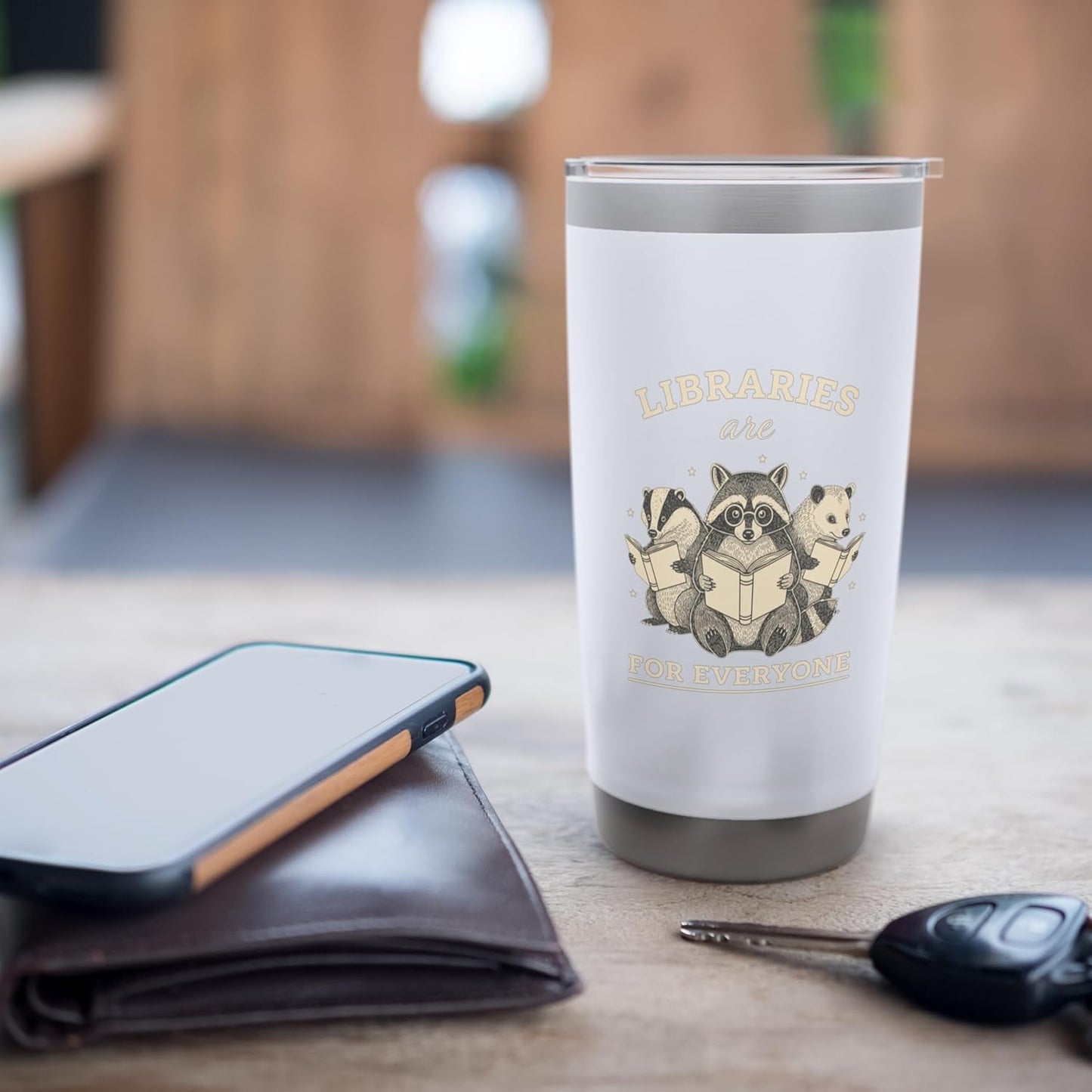 Libraries Are For Everyone Cute Raccoon Badger Opossum Book Stainless Steel Insulated Tumbler