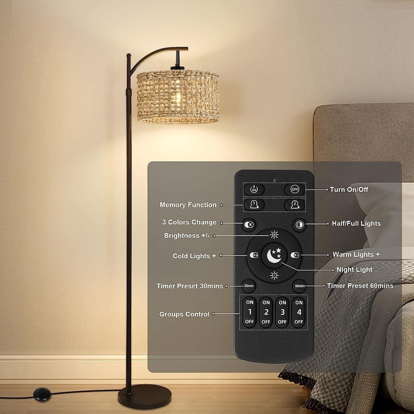 Arc Floor Lamp for Living Room with Remote Control,Farmhouse Boho Floor Lamps with 3 Color Temperature,Rustic Standing Lamp with Rattan Wicker Shades,Adjustable Tall Lamp for Bedroom,Office,Reading