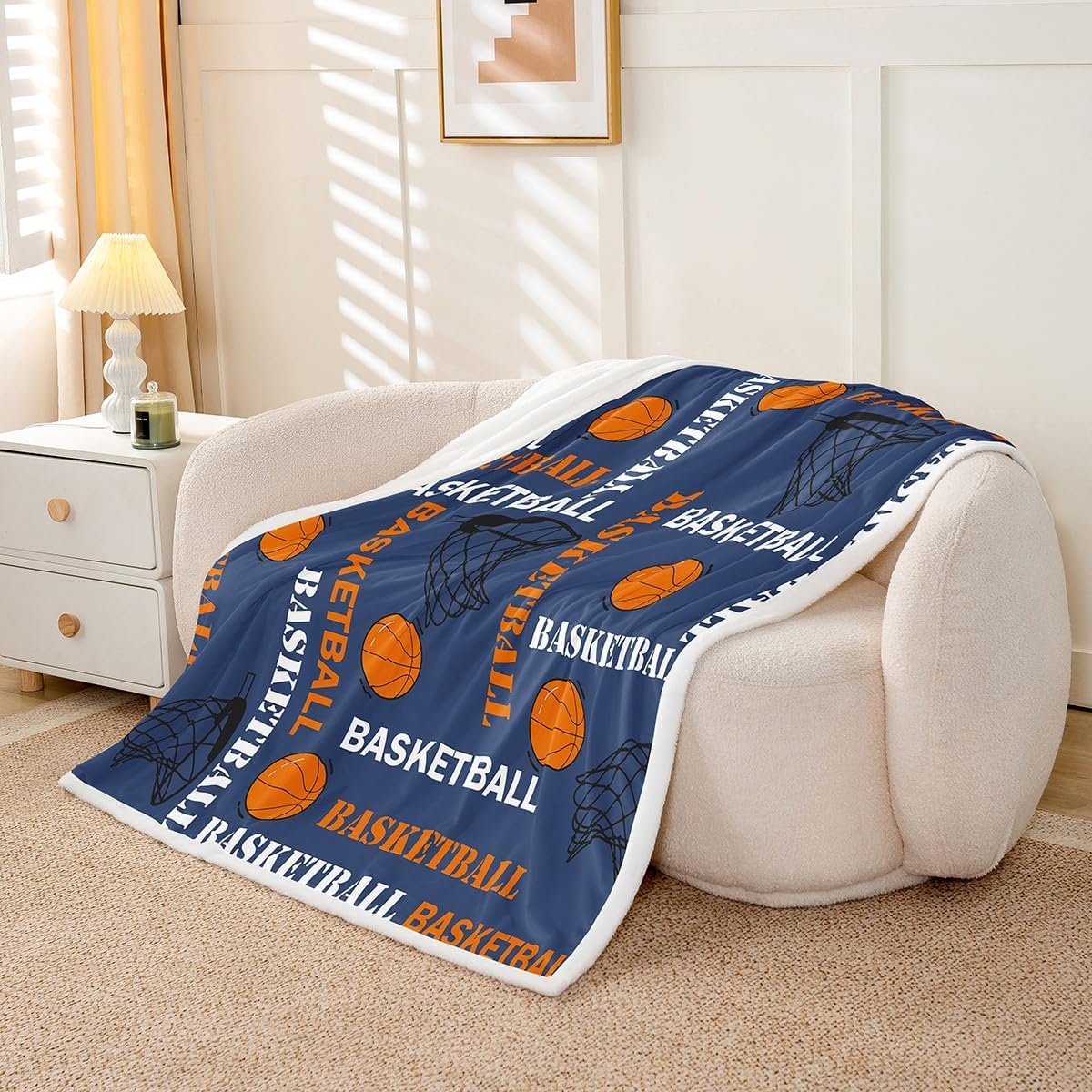 Feelyou Boys Basketball Sherpa Blanket Sports Basketball Print Fleece Throw Blanket for Kids Teens Girls Ball Gamer Decorations Fuzzy Blanket for Sofa Bed Couch Blue,Throw 50x60 Inches