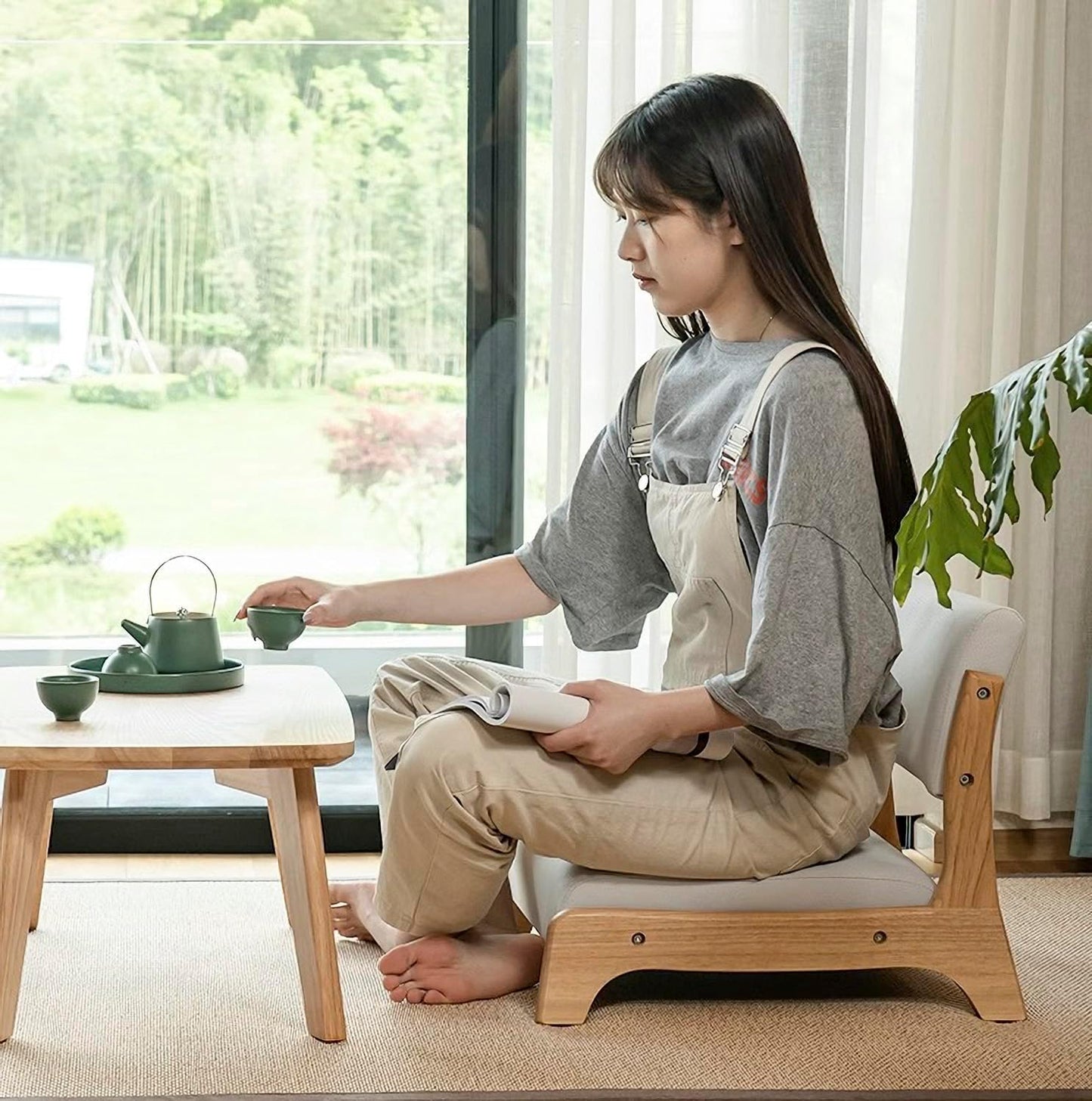 Damedai Japanese Floor Chair Tatami Zaisu Legless Chair Back Support Great for Reading Meditating Living Room Balcony (Grey with Fabric)