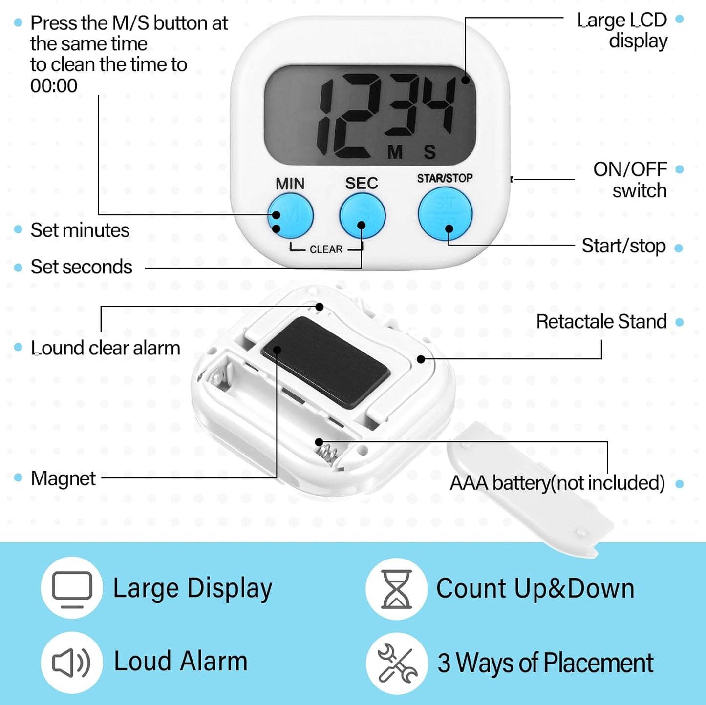 Weewooday 24 Pcs Small Digital Kitchen Timer Magnetic Back and Switch Minute Second Count up Countdown Big LCD Display Loud Alarm for Teacher Cooking Baking (Black,White)