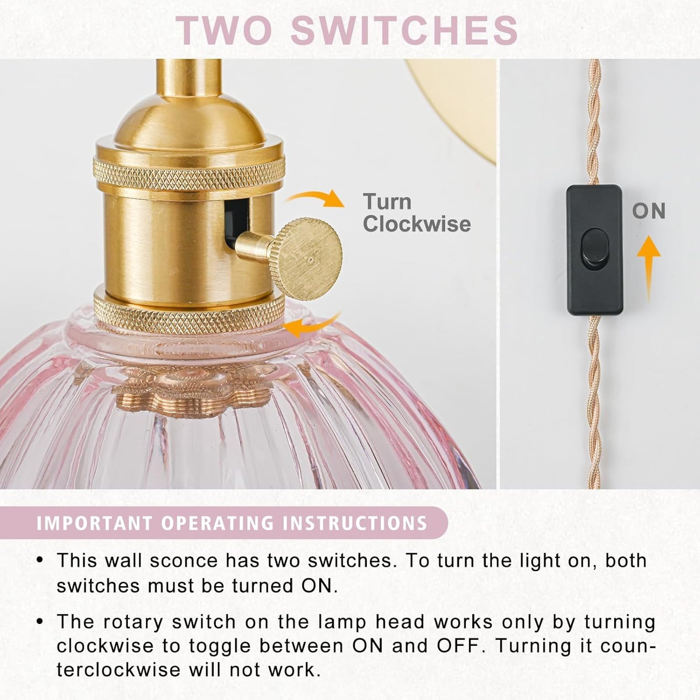 Plug in Wall Sconce, Vintage Sconce Light with Tulip Pink Glass Lampshade, Bedside Wall Sconce with Switch and Plug in Wall Lamp Cord, Gold Wall Light for Bedroom