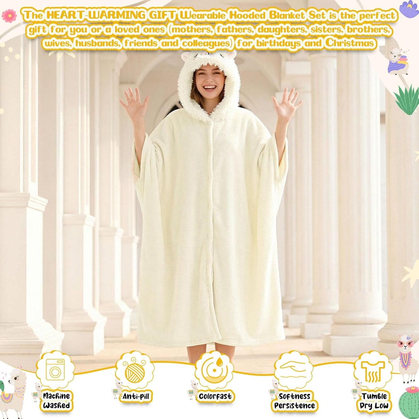 Jecery Llama Alpaca Hooded Blanket Wearable for Adults, Llama Blanket Hoodie with Non Slip Fuzzy Slipper Socks Gift Bag Set, Flannel Hoodie Throw Cloak Wrap Alpaca Christmas Party Gifts for Women