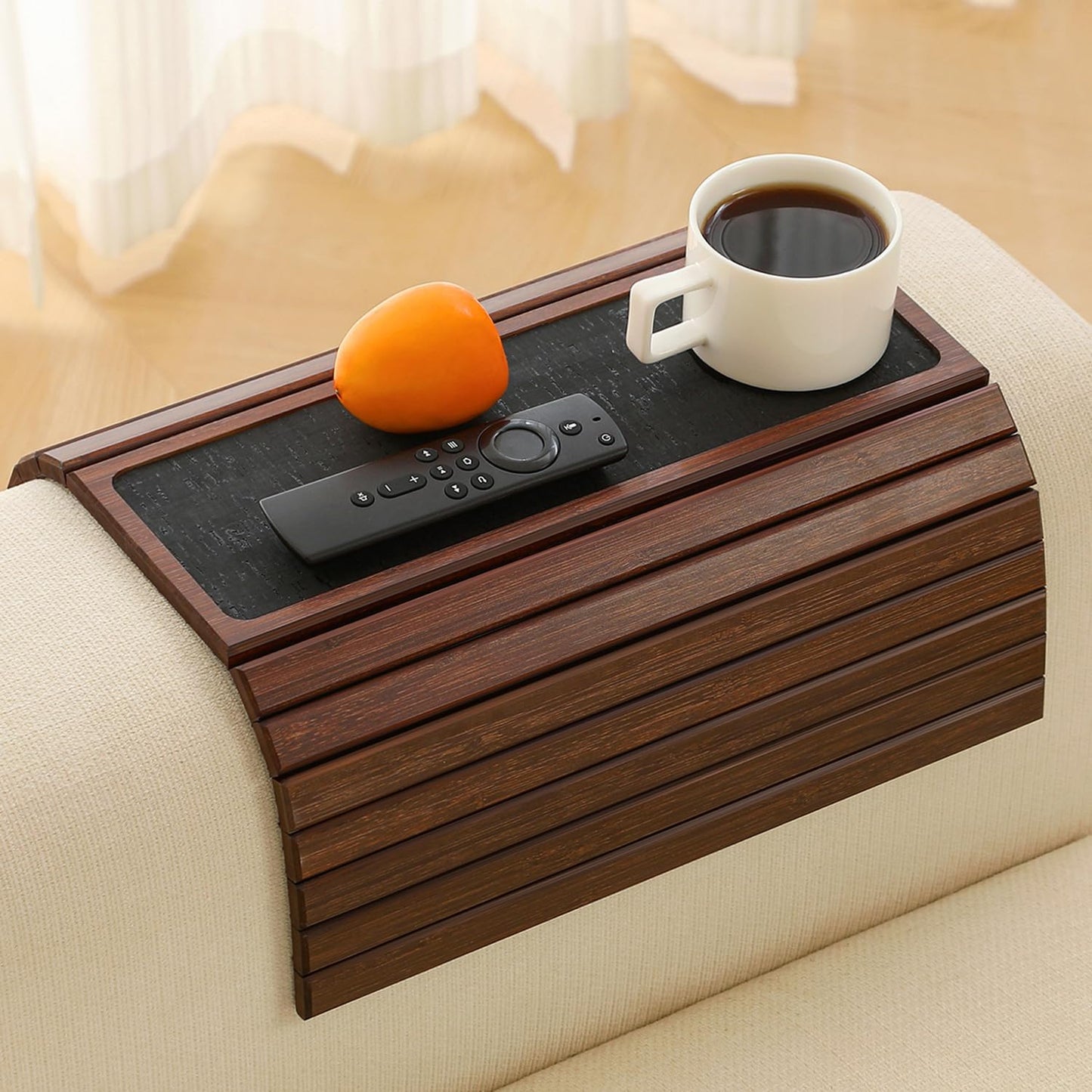 Bamboo Couch Arm Tray Table with Anti-Slip Cork Pad，Foldable Sofa Armrest Tray Table for Couch，Flexible Couch Arm Cup Holder，Portable Sofa Arm Chair Table for Drink, Snacks, Phone, Remote (Brown)
