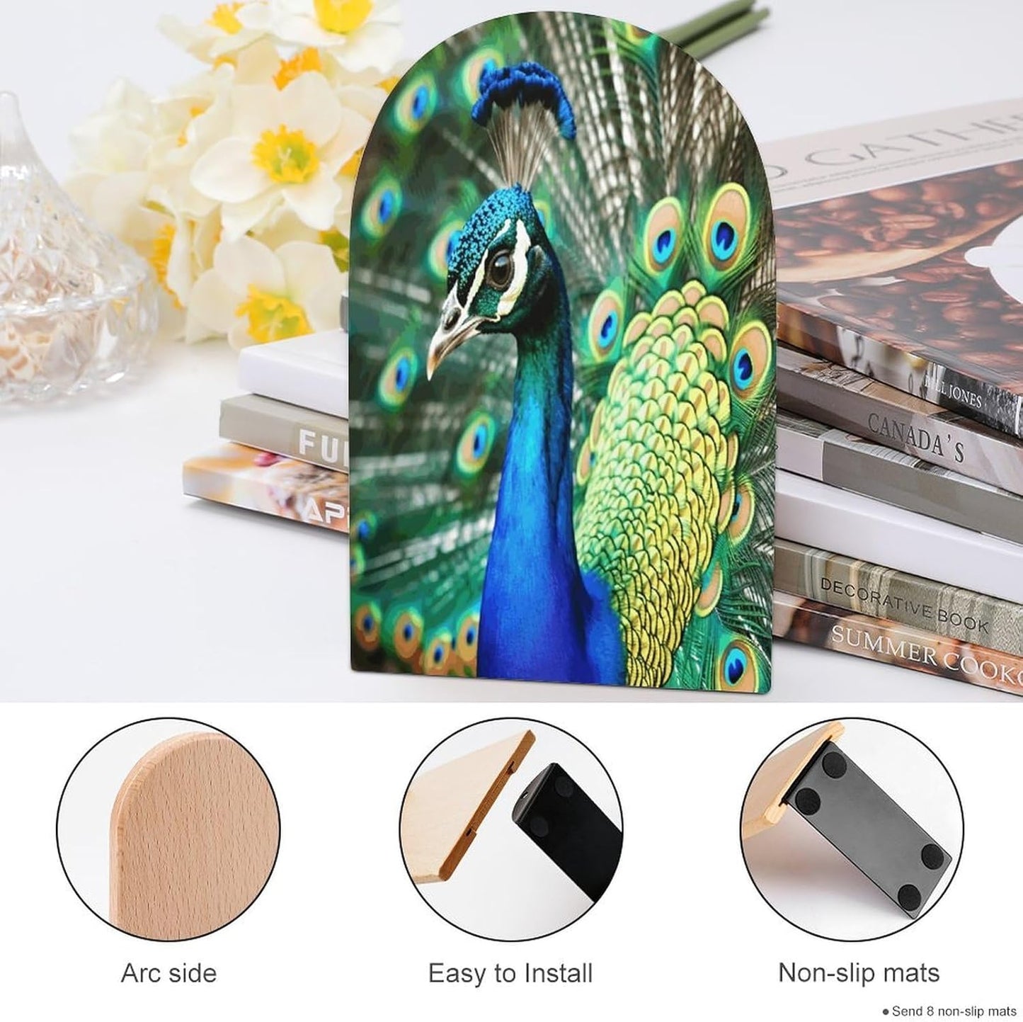Beautiful Peacock Bookend for Shelves Wooden Book End Large Size Sturdy Book Holders Stoppers with Metal Base for Bookshelves Slick Decorative Bookends Stands