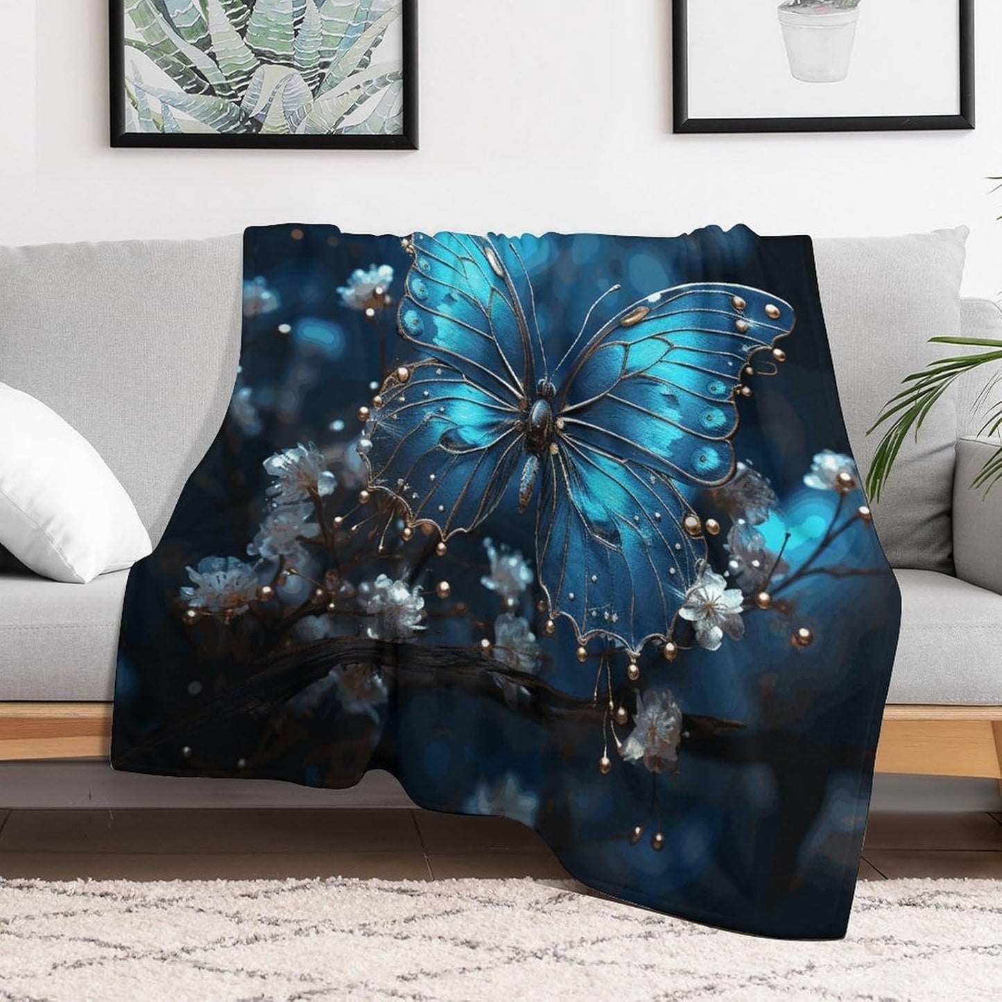Blue Butterfly and Moon Throw Blanket for Couch Super Soft Warm Lightweight Throw Blankets Cozy Flannel Bed Blanket Cute Decorative Blankets for All Seasons Home Decor Gift 30"*40"（76 * 100cm）
