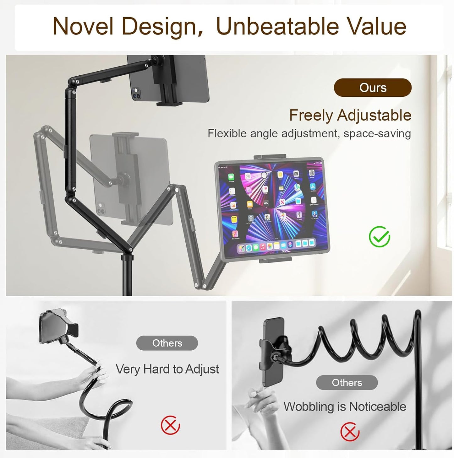 Houele Tablet Floor Stand with Removable Tray, iPad Floor Stand Holder for Bed, Height Adjustable Tablet Mount iPad Holder for 4.7”-15.6” Tablets iPads and Phones