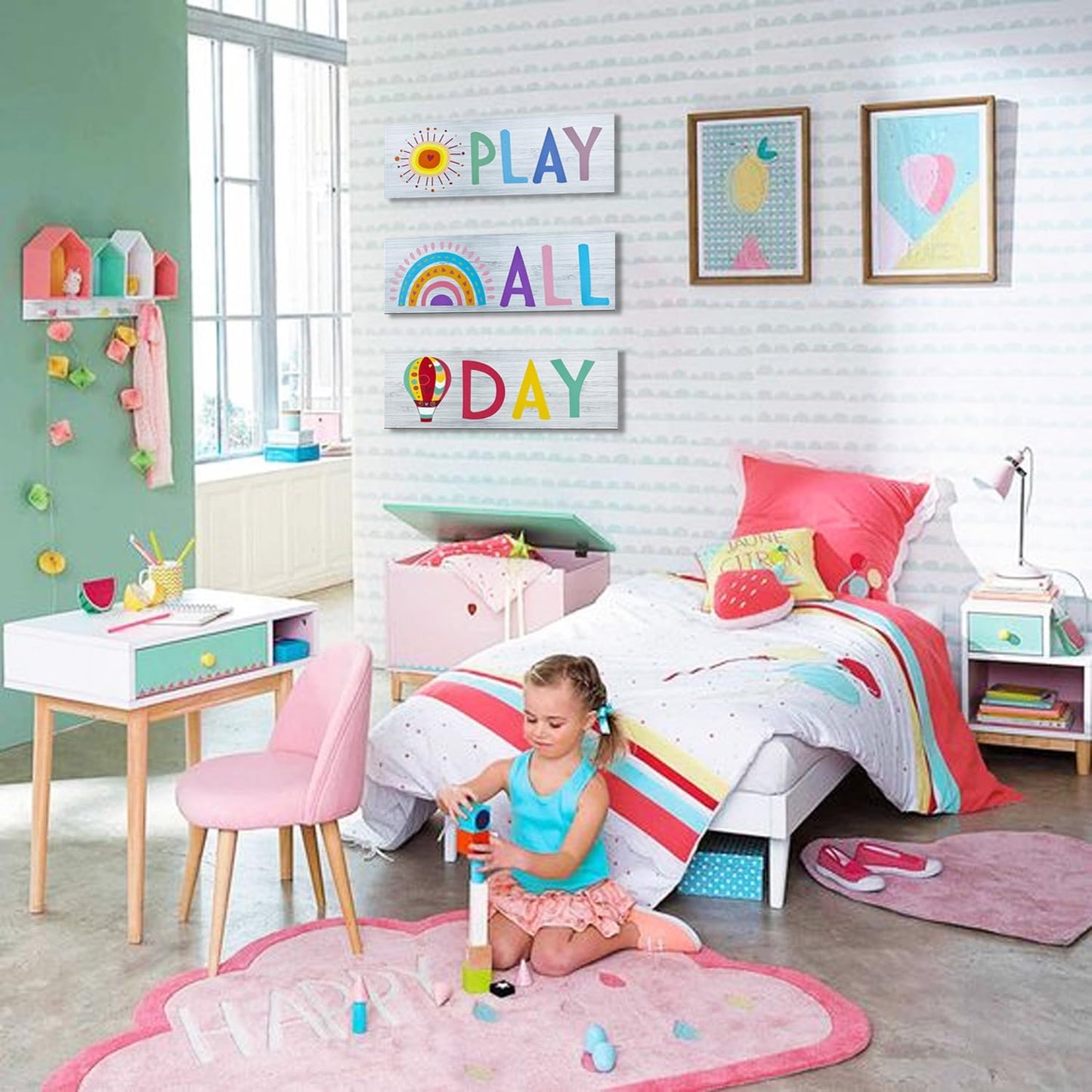 JEKEJIAJIU Play All Day Sign Play All Day Wall Decor Playroom Decor Word Art Wall Decor Kids Plaques Room Decor Reading Book Nook Children Quotes Wall Decor Home Decor