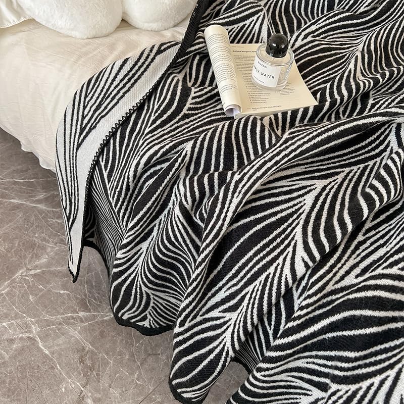50x70 Inch Black and White Knitted Throw Blanket, Soft Patterned Lightweight Blanket for Couch, Sofa, Bed, Living Room Accent