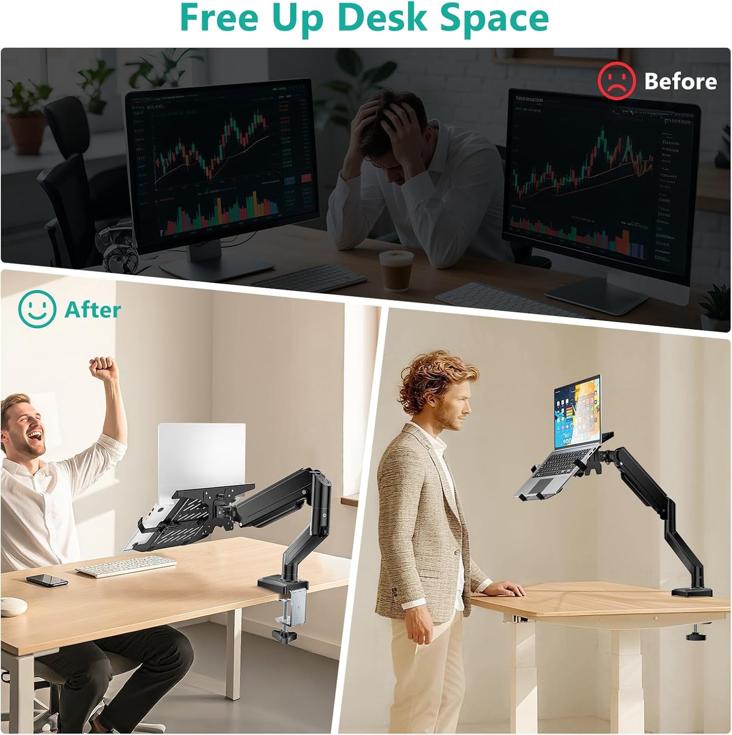 WALI Single Arm Laptop and Monitor Desk Mount for 17" Notebook and Single Screen, 2-in-1 Adjustable Gas Spring Monitor Arm with Laptop Tray, VESA 75x75 100x100,Holds 22-26.4 lbs, Black (GSMP001NLP)