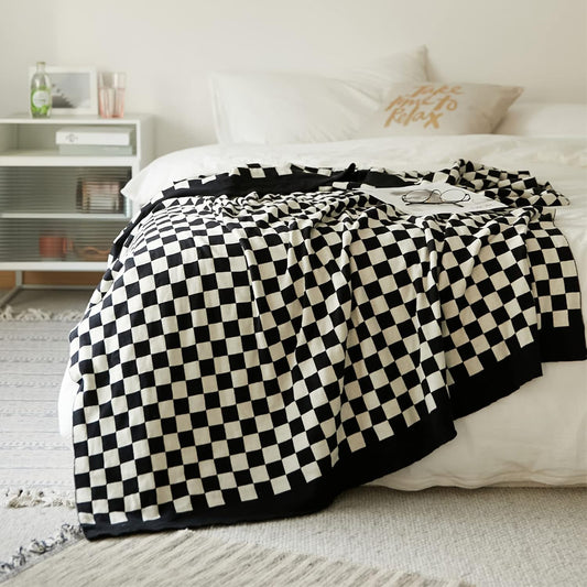 YIRUIO 100% Cotton Checkered Throw Blanket Lightweight Breathable Ultra-Thin Knit Weave for Bed Couch Sofa Soft Cozy Cooling for Spring Summer Black 60x80 inch