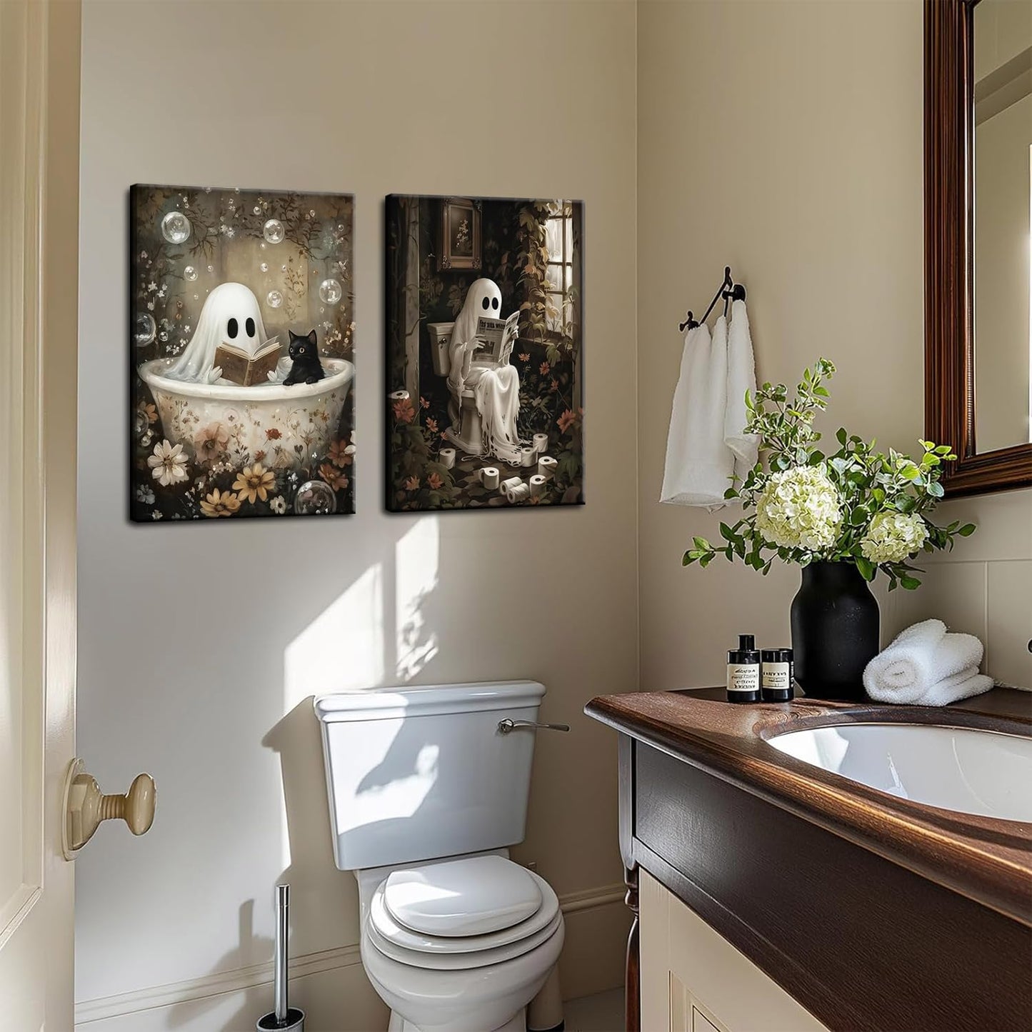 Halloween Ghost Bathroom Wall Art Set of 2, Funny Gothic Wall Decor Ghost and Black Cat in Bathroom Poster Canvas Prints Artwork Dark Academia Pictures for Bedroom Living Room 12x16 inch Framed