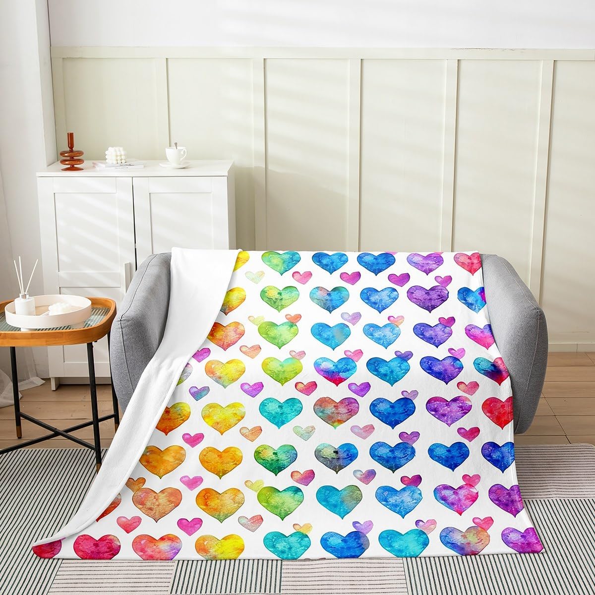 Feelyou Love Heart Fleece Flannel Fuzzy Blanket, Rainbow Heart Pattern, Plush Throw Blanket, 50"x60", All Season, Bed Blanket for Kids, Microfiber Room Decor Throw