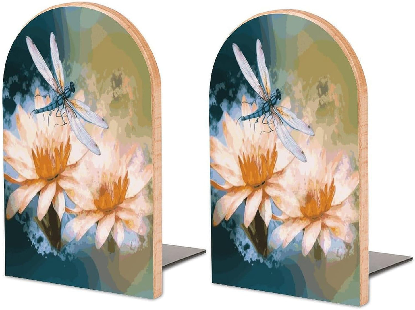 Flying Dragonflies Lily Flower Bookend for Shelves Wooden Book End Large Size Sturdy Book Holders Stoppers with Metal Base for Bookshelves Slick Decorative Bookends Stands