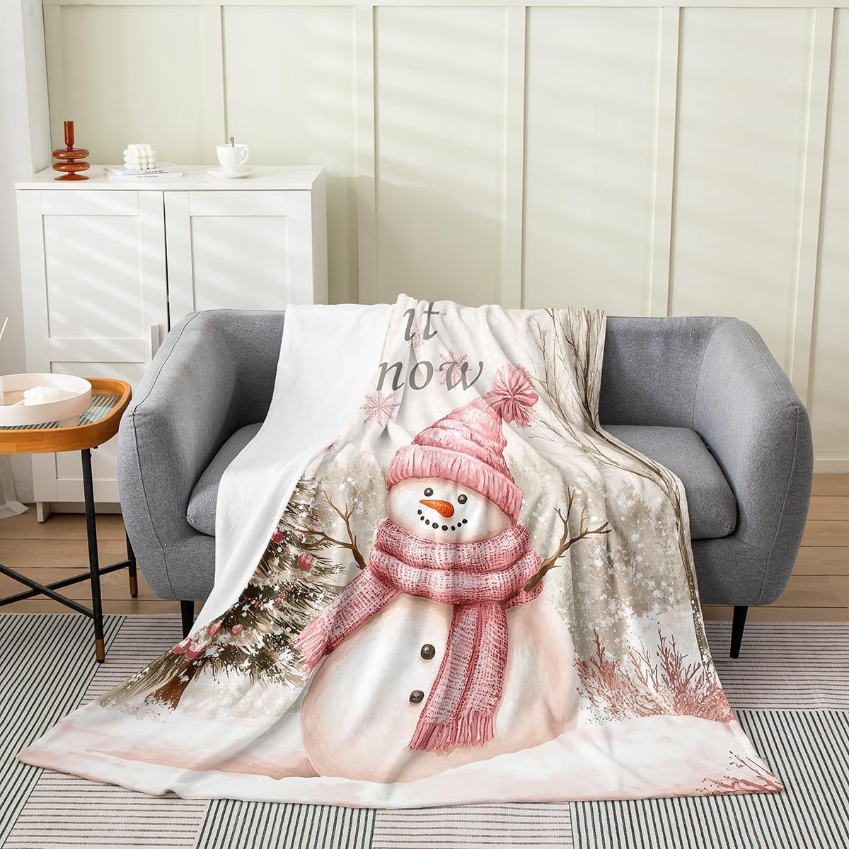 Cute Winter Snowman Flannel Blanket for Kids Adults,Merry Christmas Tree Farmhouse Style Flannel Fleece Blanket Throw 50"x60",Pink Scarf Botanical Trees Bedroom Decor Bed Sofa Couch Blankets