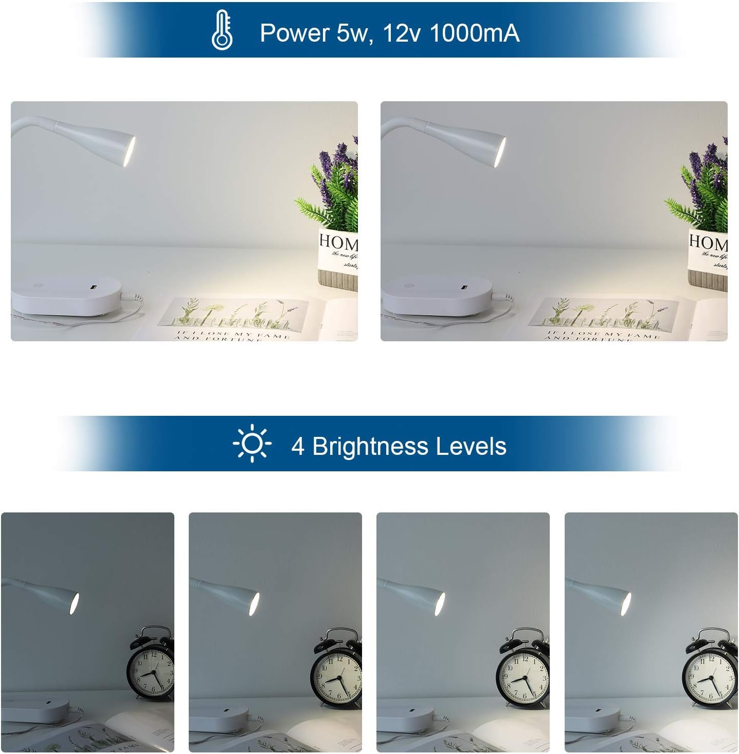 Wall Mount Reading Light, Focused Book Light for Reading in Bed, 5 Dimming, USB Output, 4 Hours Auto Off, Touch Control, Flexible Gooseneck Headboard Reading Lamp, Easy to Install White