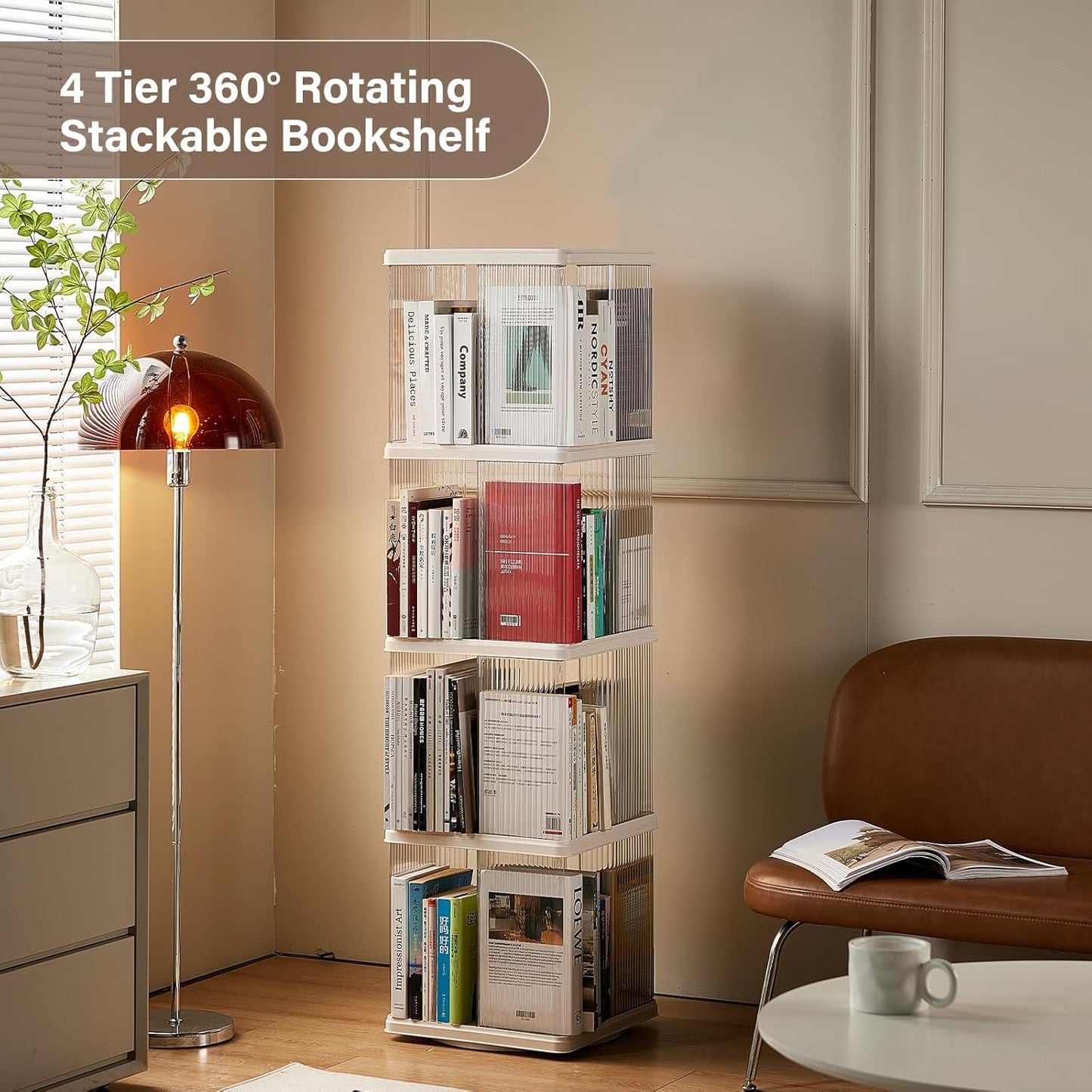 ELPHECO 4 Tier Rotating Bookshelf Rectangular Spinning Bookcase, Revolving Corner Bookshelf on Wheels, 360 Display Floor Standing Storage Rack, Book Shelf Organizer for Study, Living Room, Bedroom