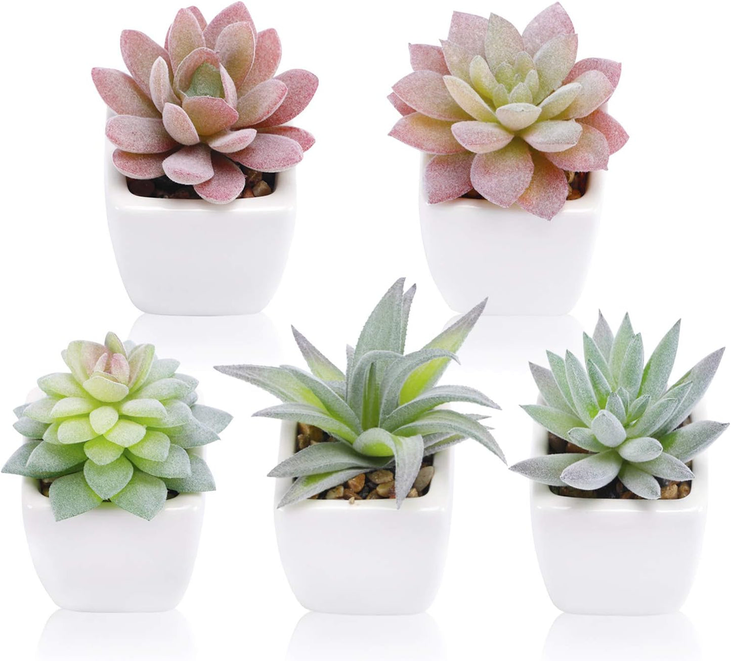 FUNARTY 5pcs Artificial Succulent Plants, Small Fake Desk Plants Mini Succulents Indoor for Shelf Living Room Bedroom Windowsills Office Home Decoration (Include White Ceramic Pots)