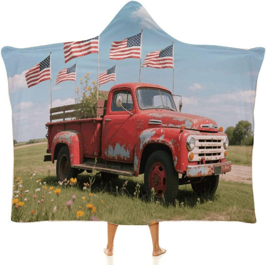 4th Of July Patriotic Old Red Truck Wearable Hoodie Blanket for Women Men Fleece Blanket with Hood Oversized Warm Cozy Gifts