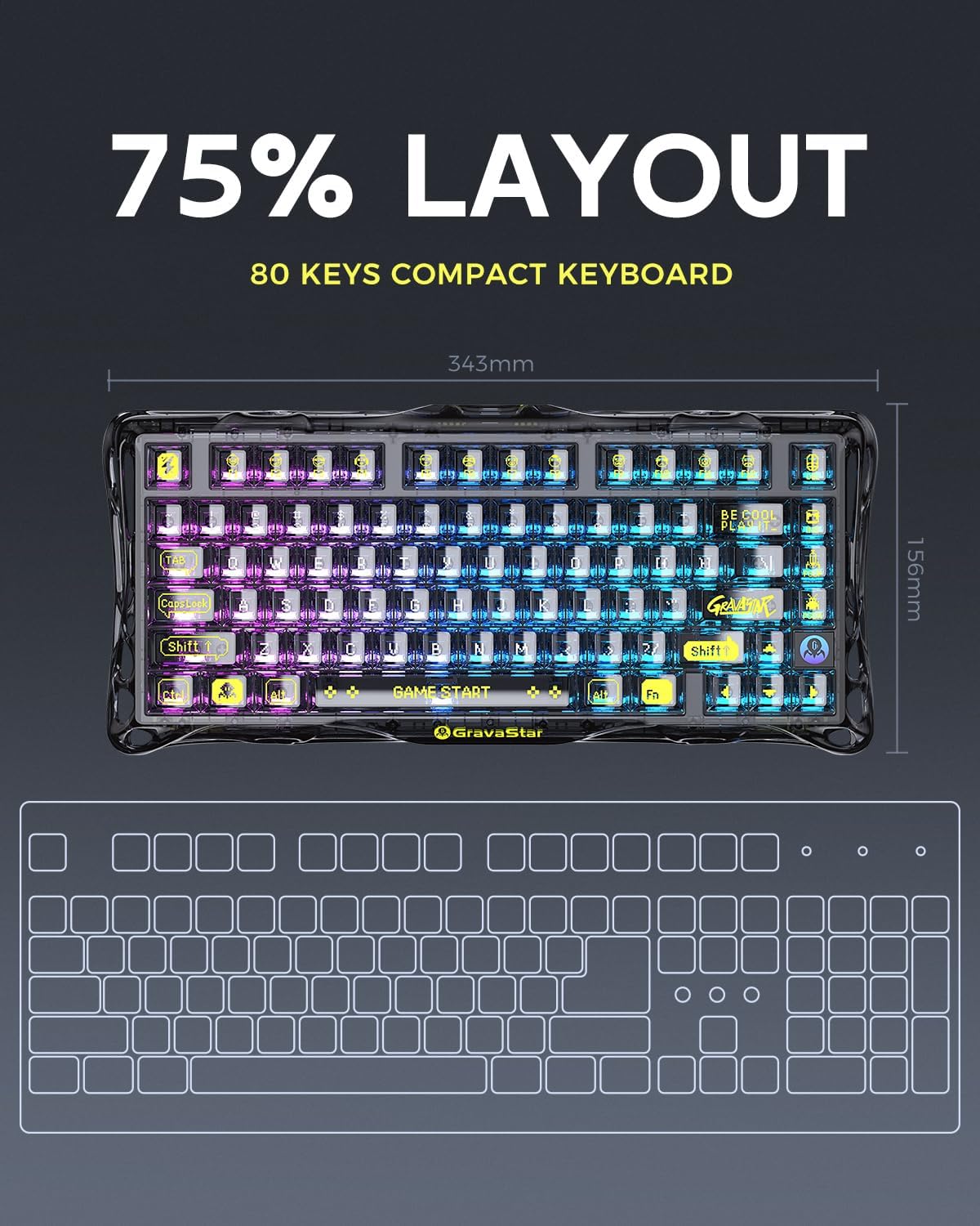 GravaStar Mercury K1 Lite 75% Gaming Keyboard, 2.4GHz/BT/Wired Tri-Mode Wireless Keyboard, Gasket Hot Swappable Mechanical Keyboard, Pre-lubed Linear Switches, RGB Backlit (Transparent Black)