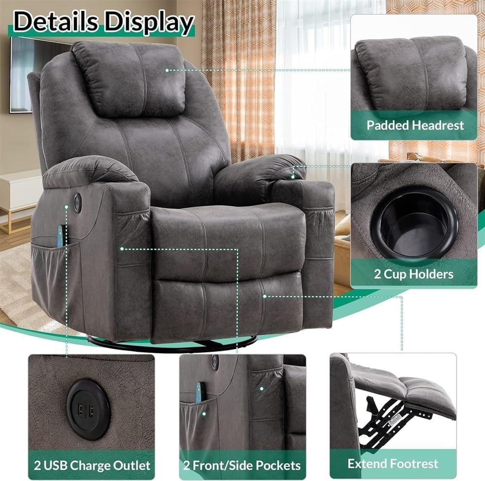 Swivel Rocker Recliner Chair with Heat, 360° Swivel Glider Reclining Chair with Cup Holders and Side Pockets, Comfortable Home Theater Recliner Chair for Living Room