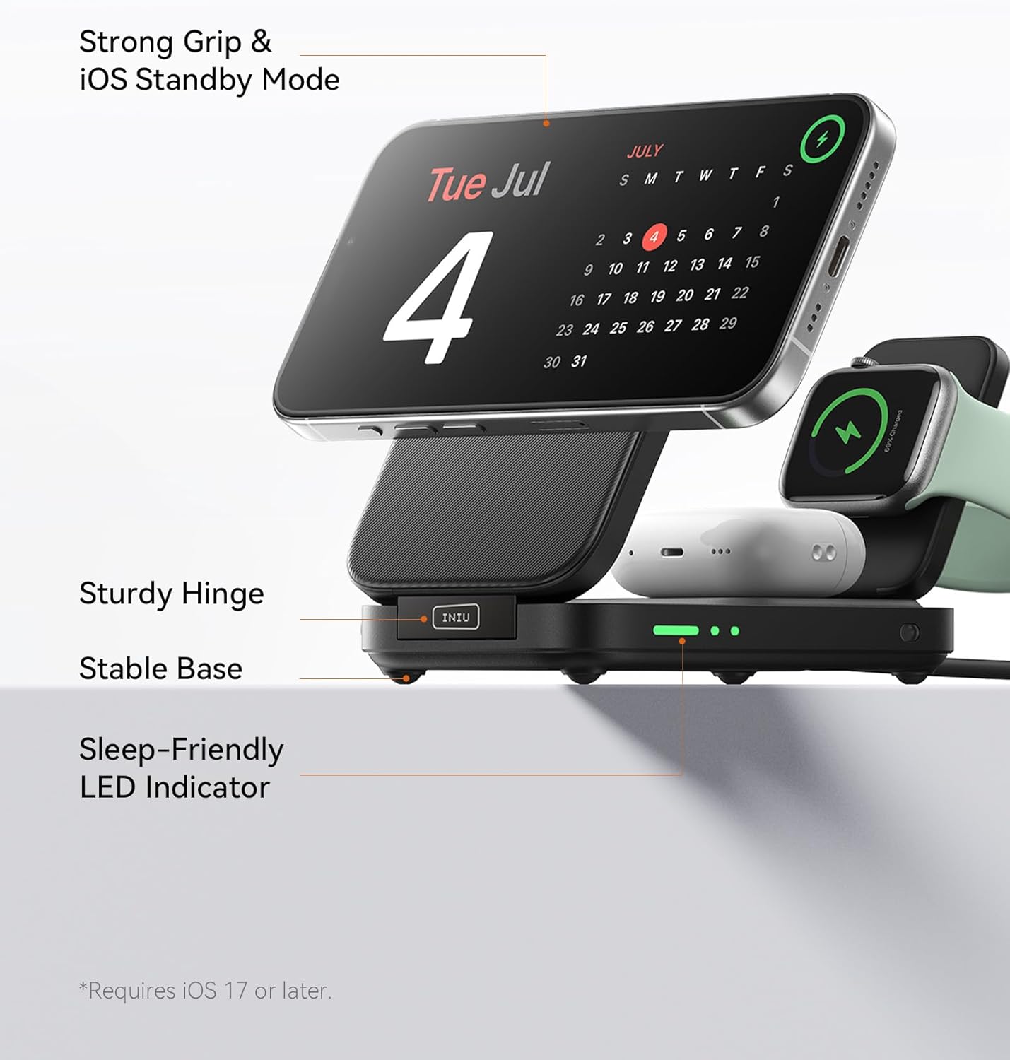INIU 3-in-1 Charging Station for Apple Device, Qi2 Certified 15W Fast Magnetic Wireless Charger Dock, Travel Charging Compatible with Mag-Safe for iPhone 17 16 15 14 13 12 Series, Apple Watch &AirPods