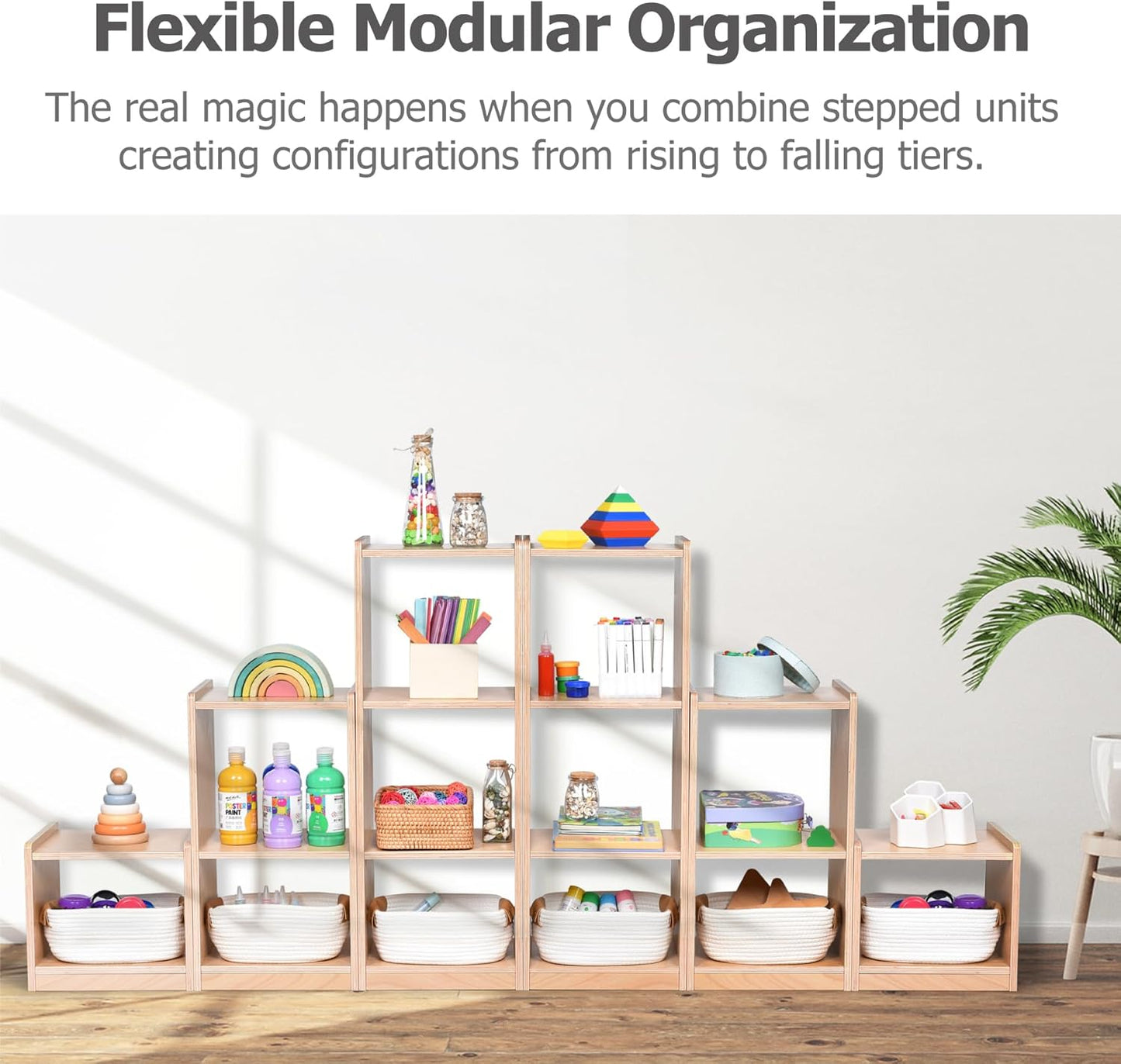 Modular 3-Piece Cube Storage Cabinet, L-Shaped Reversible Ladder Corner Bookshelf with 6+ Cubes, 4-Tier Wooden Freestanding Organizer for Kids Room & Home Office, Natural