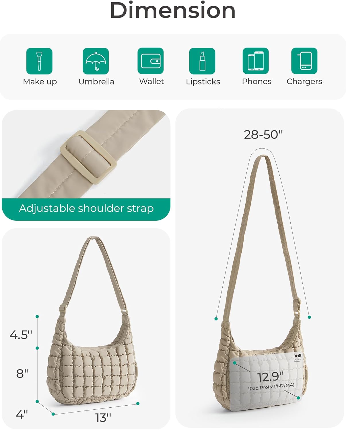 BAGSMART Crossbody Bags for Women, Quilted Puffy Purses for Women, Fluffy Travel Essentials Shoulder Hobo Bag | Compact Purse, w/ adjustable Strap, scratch-resistant, water-resistant, Daily use, travel, weekend getaways