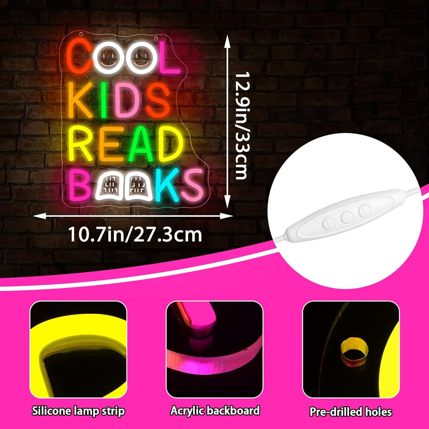 Cool Kids Read Books Neon Sign for Wall Decor Read Books Neon Light for Classroom Dimmable Reading LED Light Up Sign for Study Room Kids Room Library Bedroom Birthday Gifts Size 12.9*10.7 In(TWP253)