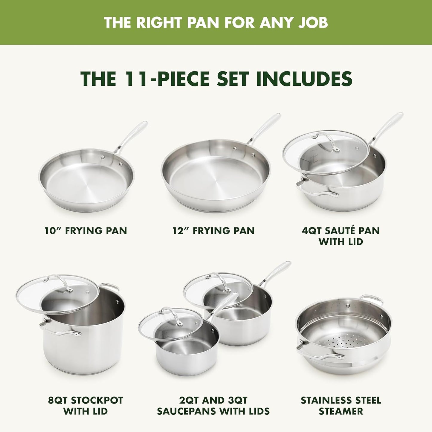 GreenPan Stainless Steel Cookware Set, 11 Piece, Induction Cookware, Dishwasher Safe, Oven Safe to 600F, Large 8QT Stock Pot, Sauce, Saute, Frying Pans, Pots & Pans Kitchen Essentials, Silver
