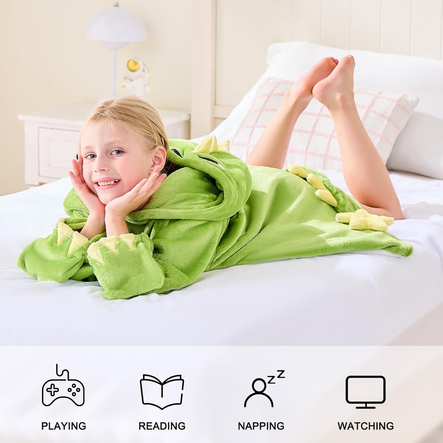 IFNOW Wearable Blanket Hoodie Kids, Oversized Fleece Blanket Sweatshirt Christmas Birthday Gifts for Boys, Girls, Teen Hoodie with Portable Foldable Blanket Pillow, Embroidery 5-15 Years, DinoPear