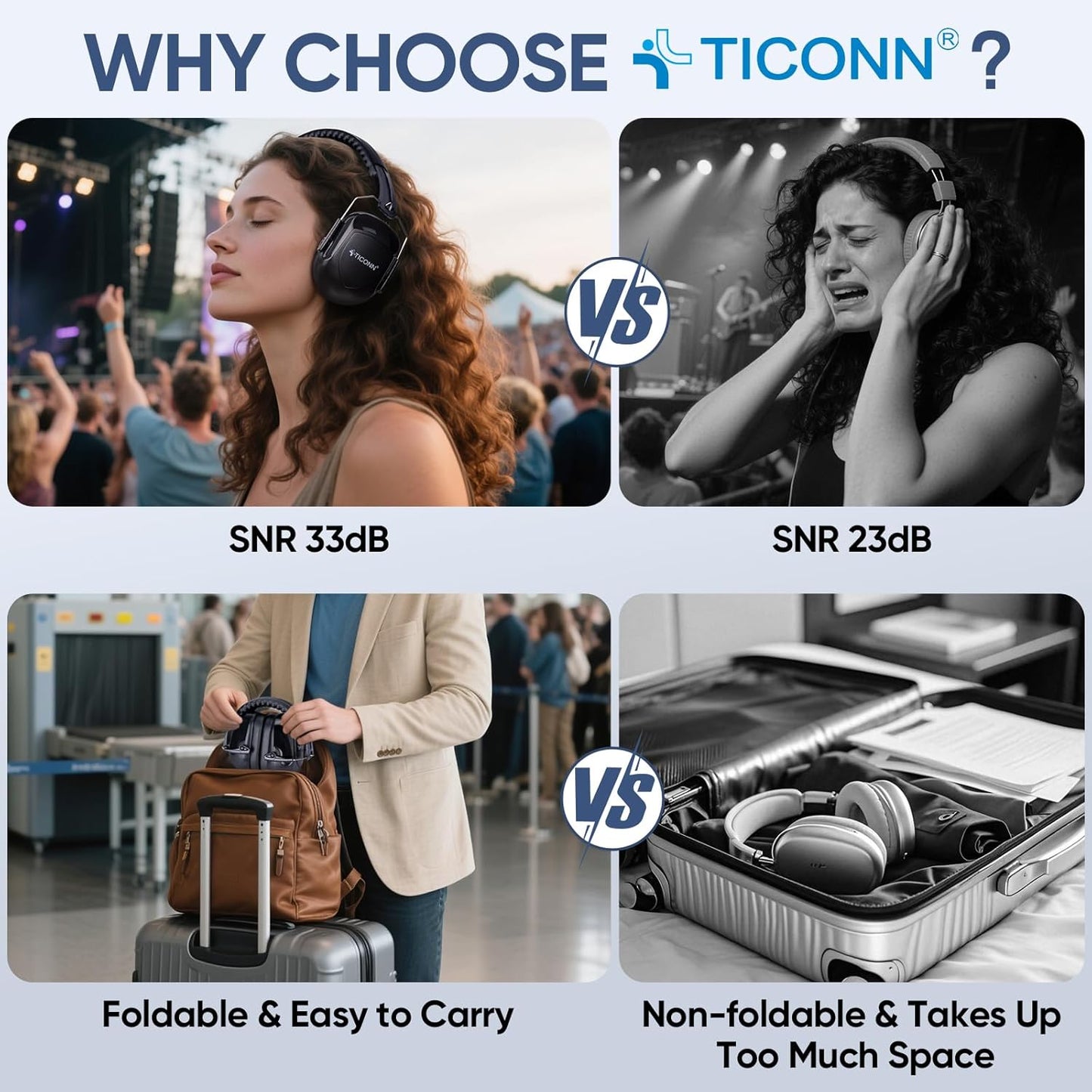 TICONN Noise Cancelling Ear Muffs for Adults, SNR 33dB Hearing Protection, Adjustable Safety Earmuffs for Construction