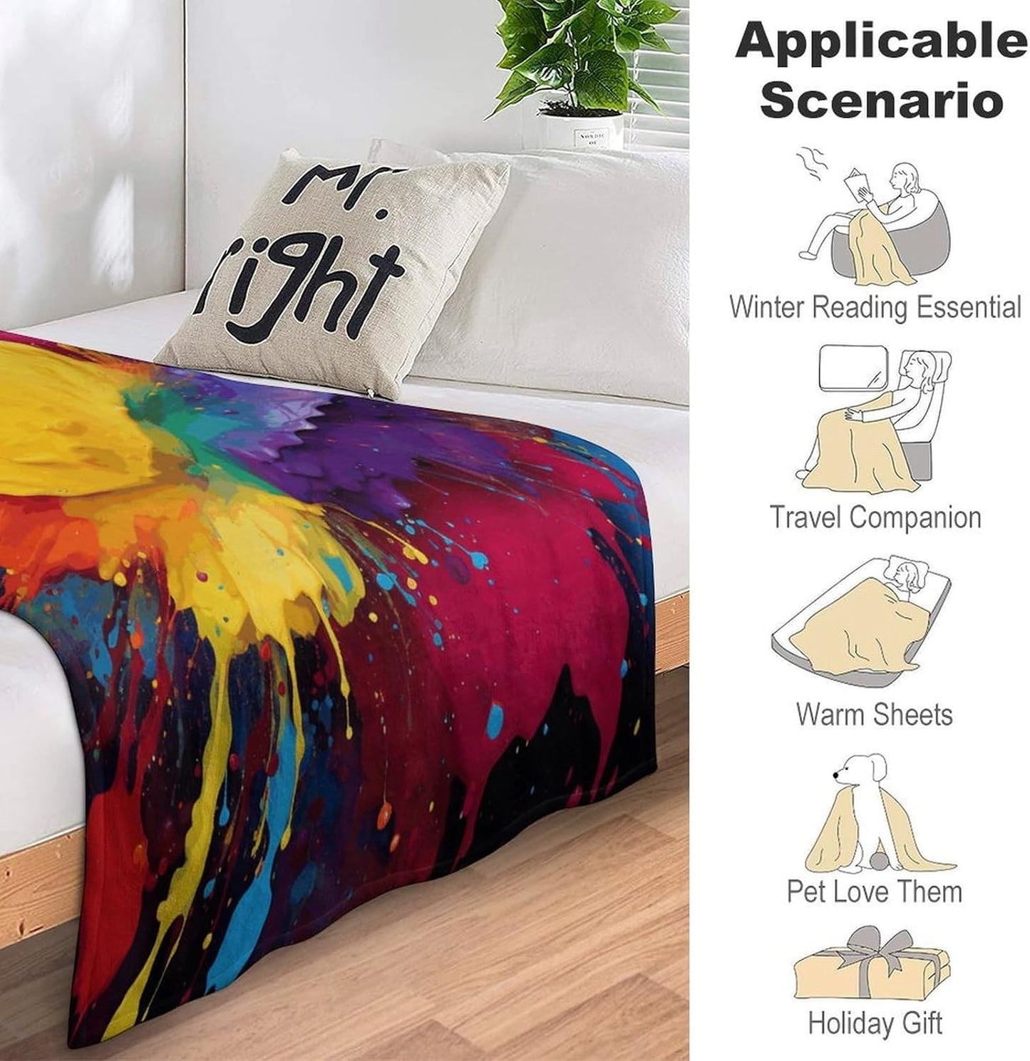 Custom Flannel Fleece Throw Blanket for Adults 50x60 Lightweight Colorful Paint Splatter Art Bedtime Blanket Soft Warm Blankets for Bed Couch Sofa Camping Picnic Wedding Gift Winter Home