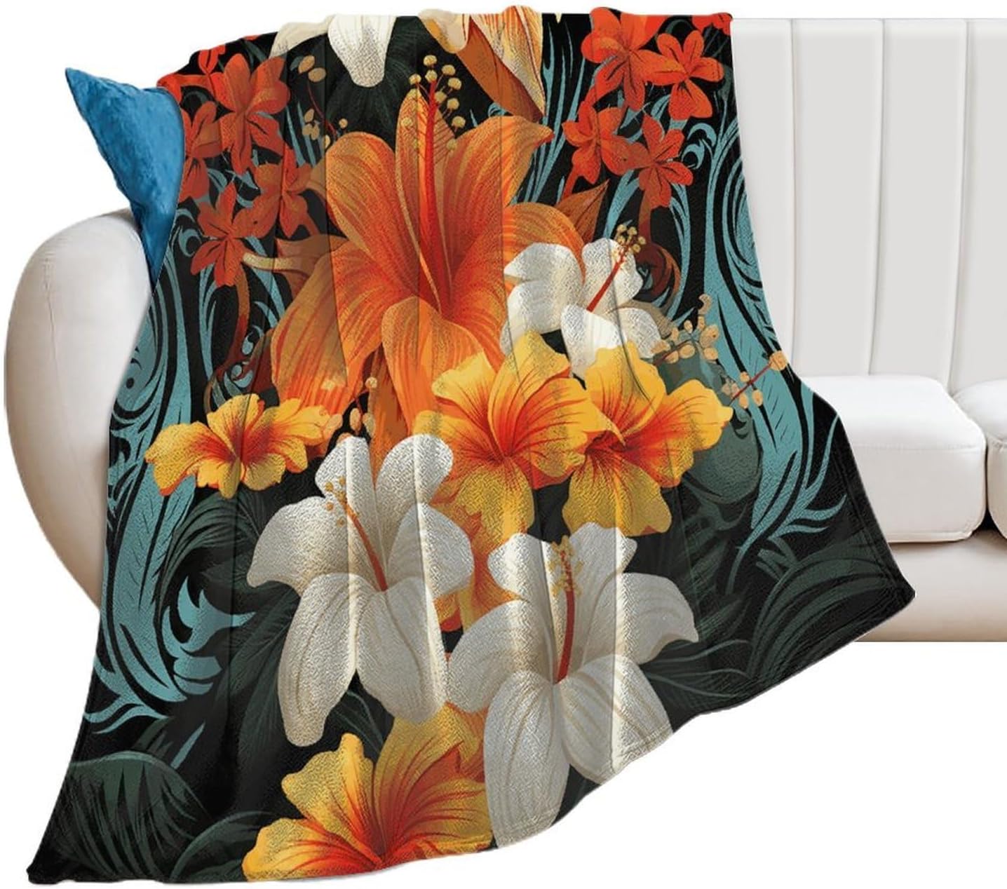 Flowers And Hawaiian Tribal Patterns on Black Background Throw Blanket for Couch Super Soft Warm Lightweight Throw Blankets Cozy Flannel Bed Blanket Cute Decorative Blankets for All Seasons Home Decor