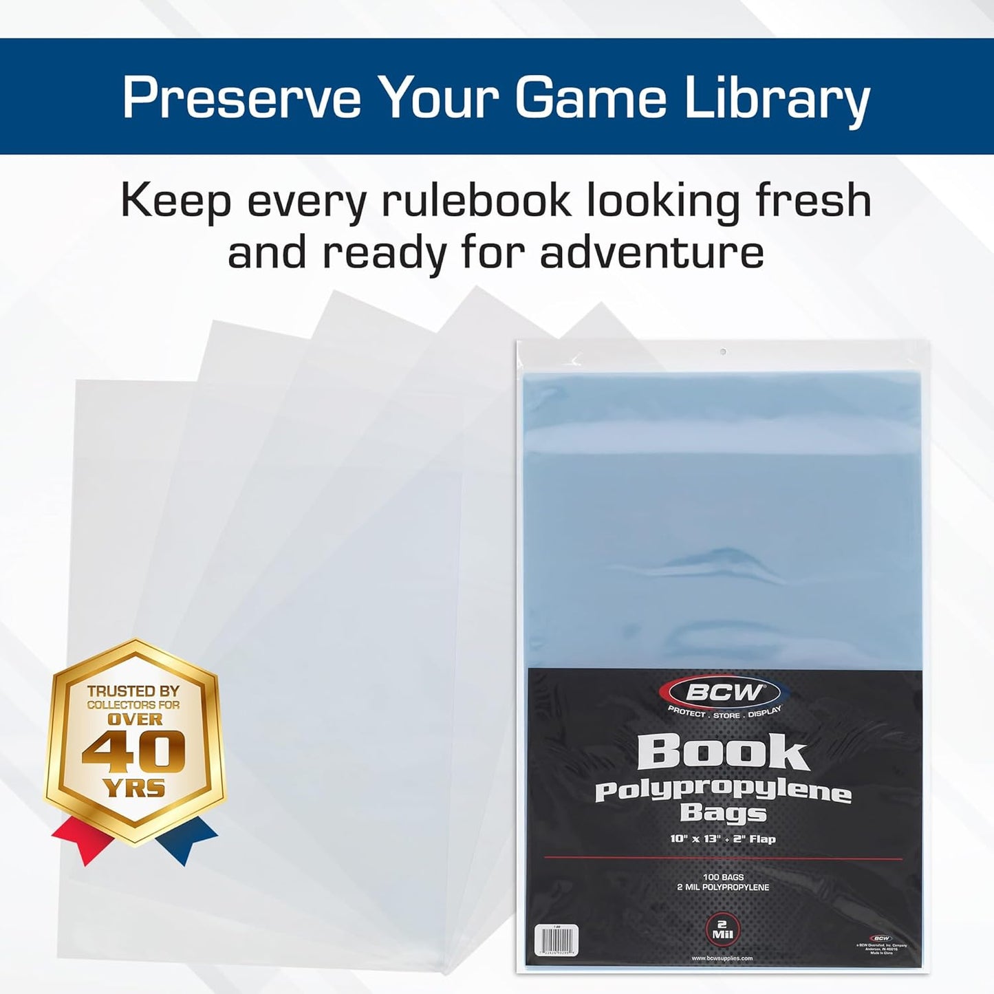 BCW Book Storage Bags – 100 Pack | 10" x 13" + 2" Fold-Over Flap | Archival-Safe Polypropylene Sleeves for RPG Books, Manuals & Magazines | Crystal Clear Book Protector Bags