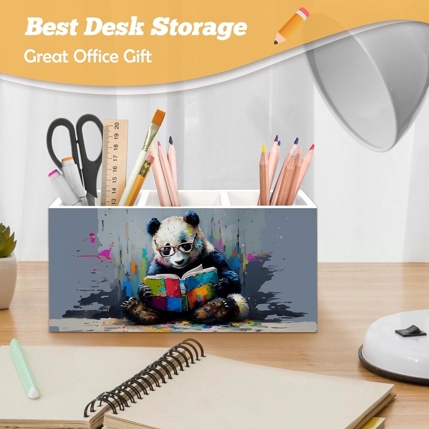 Book Lovers Gifts Pen Holder Organizer for Desk Accessories, Watercolor Reading Panda Bookish Wooden Box Desk Decorations for Kids Reading Corner Nook Room Classroom Decor