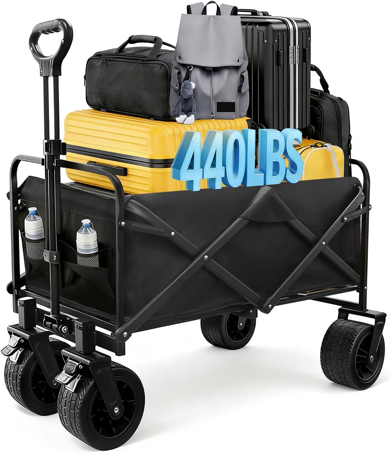 Beach Cart with Big All-Terrain Wheels for Sand & Air Sofa, 440 LBS Wagons Carts Foldable, Collapsible Folding Wagon with Cup Holders, Utility Carts for Camping, Beach, Garden and Shopping