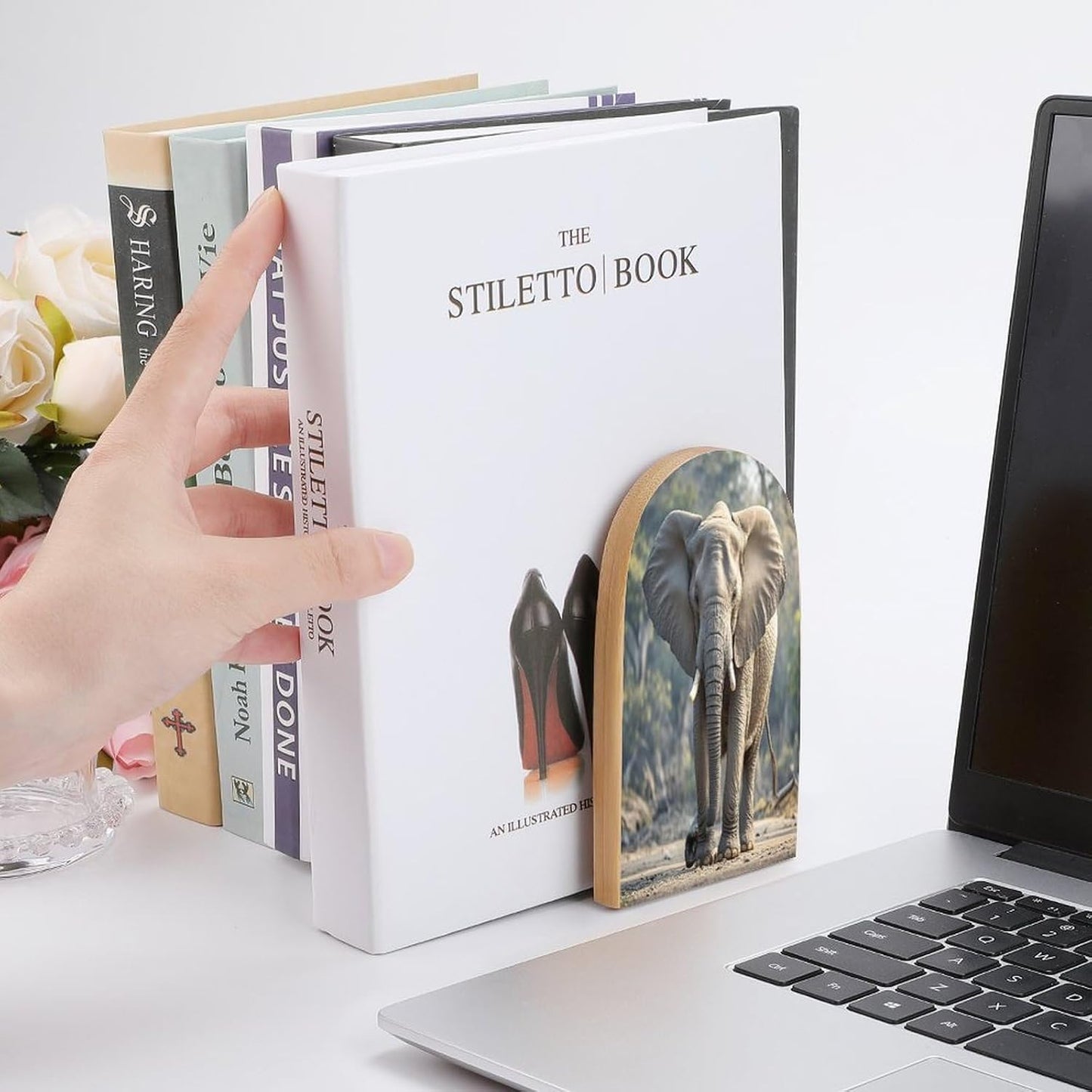 Elephant Bookends 1 Pair Heavy Duty Book Ends for Shelves Non-Skid Bookend Supports Wooden Book Holders with Metal Base Desk Organizers Books Storage to Hold Books