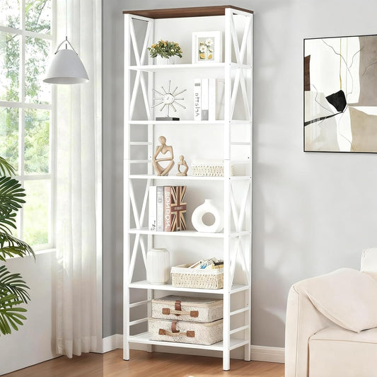 HOMISSUE Bookshelf, 7-Tier Bookshelf, Rustic Wood Metal Bookshelves and Bookcases, Freestanding Open Bookshelf, Industrial Tall Bookcase for Home Office, Living Room and Bedroom, White