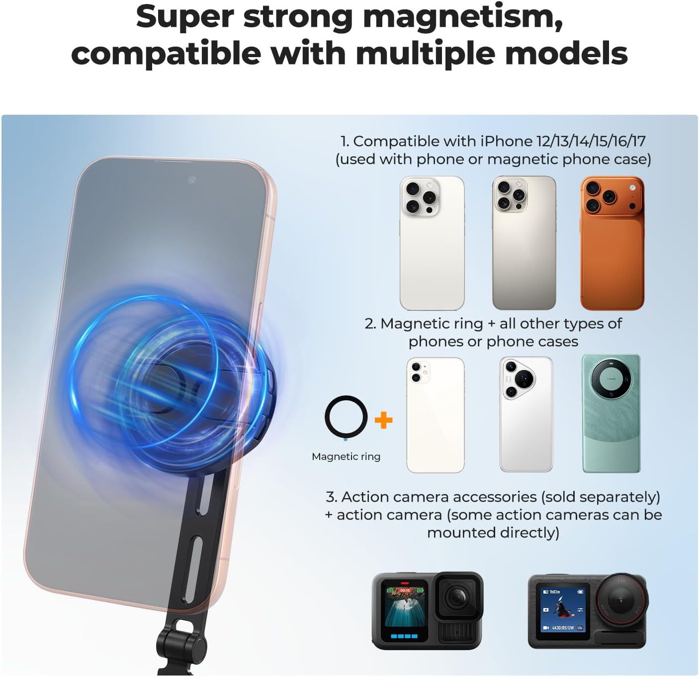 K&F CONCEPT Neck Phone Holder, 2-in-1 Magnetic & Clip-on Phone Neck Holder, POV Phone Holder, Hand Free Chest Stand Compatible with iPhone 17-12 Seires Android Phones