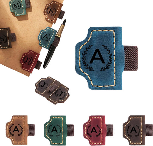 Personalized Magnetic Leather Bookmarks with Pen Holder,26 Letters Custom Book Markers for Reading with Name Initial Gift for Book Lovers,Women,Men (Blue, A)