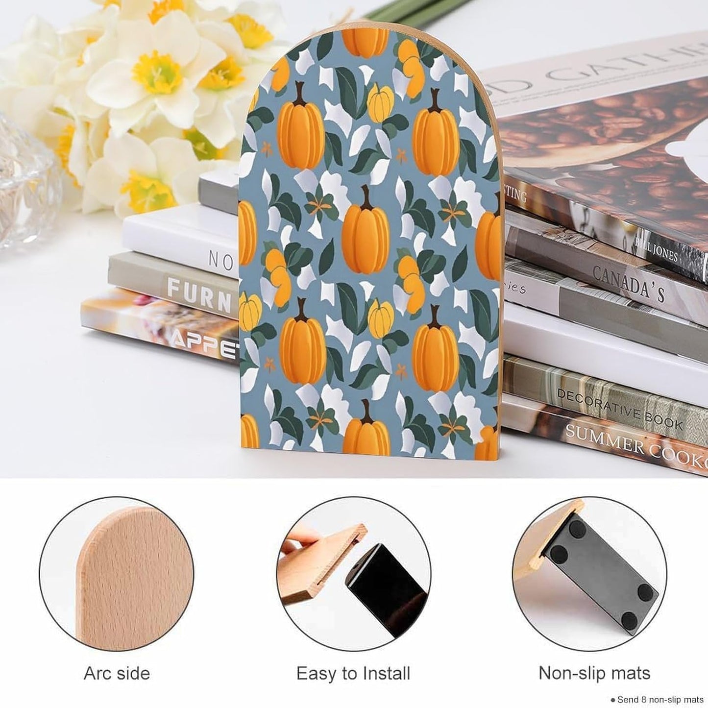 Orange Pumpkin Pattern Bookends 1 Pair Heavy Duty Book Ends for Shelves Non-Skid Bookend Supports Wooden Book Holders with Metal Base Desk Organizers Books Storage to Hold Books