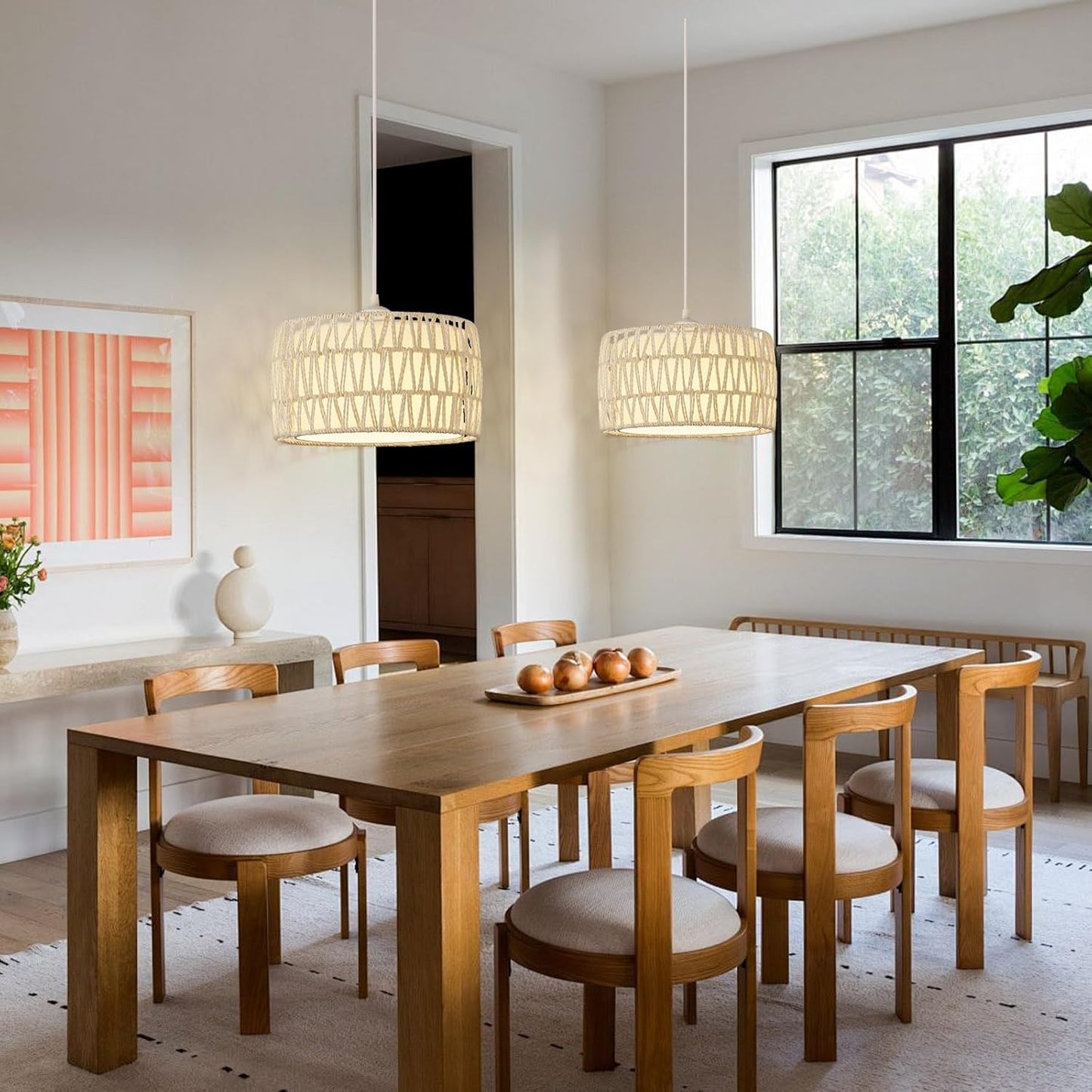 Plug in Pendant Light, Rattan Hanging Lights with Plug in Cord, Woven & Fabric 2 in 1 LampShade, Hanging Lamp Plug in for Bedroom Living Room Kitchen Island-Cream (Bulb Included)